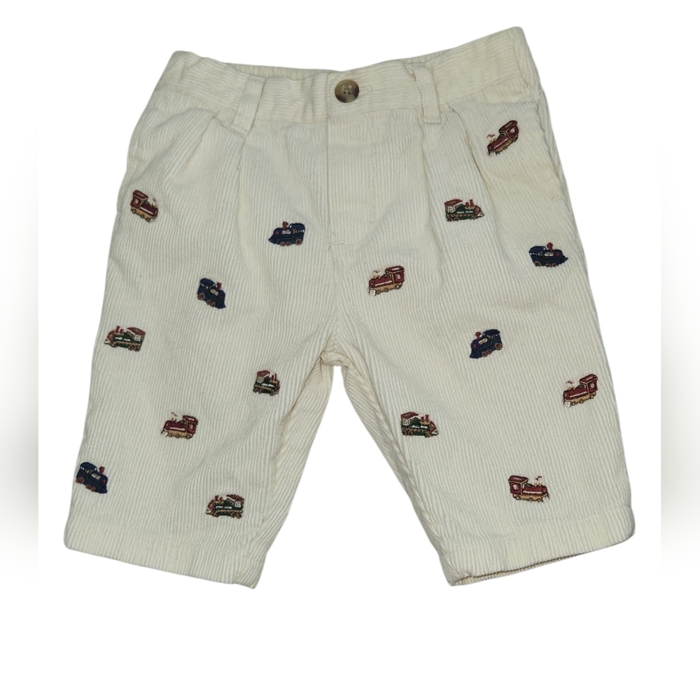 Ralph Lauren 3M Cream Corduroy Baby Pants with Train Embroidery